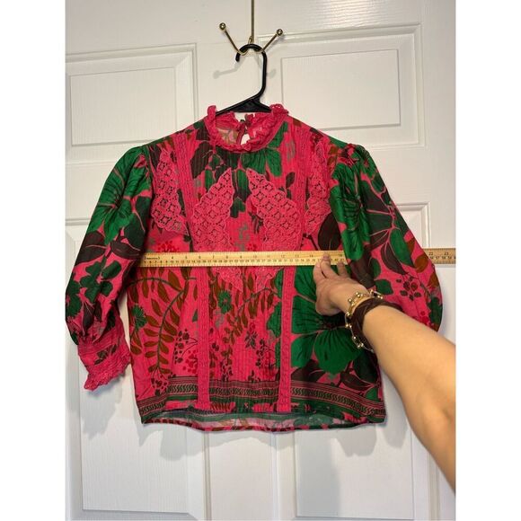 Farm Rio Floral Yard Blush Volumious Puff Half Sleeves High Collar Blouse XS - Picture 8 of 15
